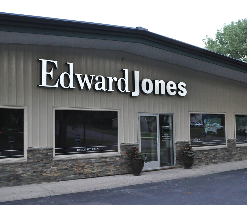 Edward Jones White Channel Letters on Building front Fergus Falls MN