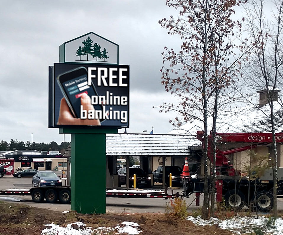 Grand Rapids State Bank Pylon sign with EMC and upper logo cabinet